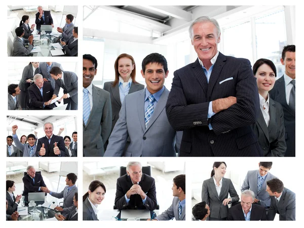 Collage av business poserar och arbetar på kontoret — Stockfoto