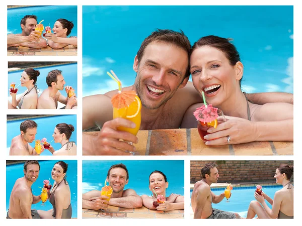 Collage eines schönen Paares, das Cocktails in einem Swimmingpool trinkt — Stockfoto