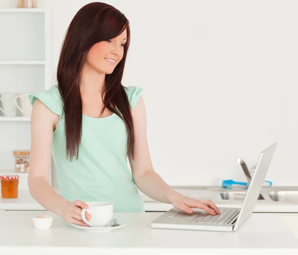 Attraente femmina dai capelli rossi che si rilassa con il suo computer portatile nel kit — Foto Stock
