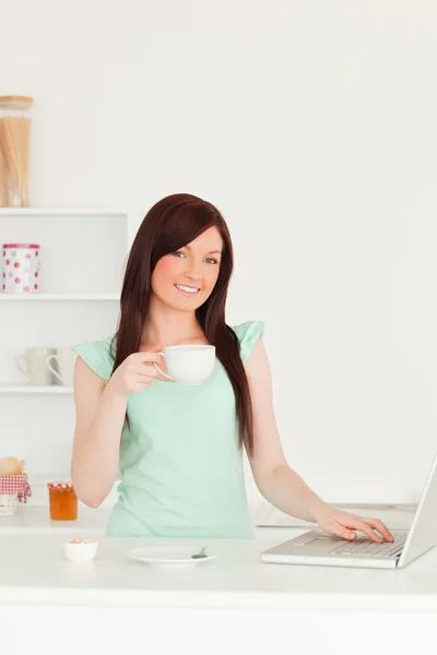 Gorgeous red-haired female relaxing with her laptop in the kitch — Stock Photo, Image