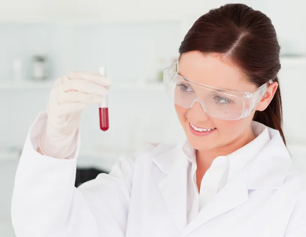 Um cientista bonito a olhar para um tubo de ensaio num laboratório. — Fotografia de Stock