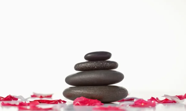 Pebbles stack och rosa kronblad — Stockfoto