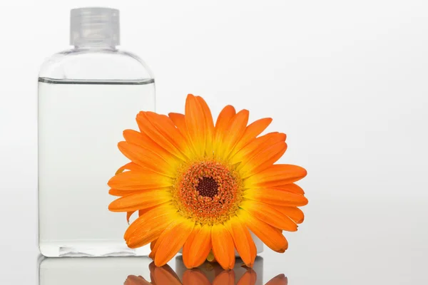 玻璃烧瓶和橙色非洲菊在镜子上的关闭 — 图库照片