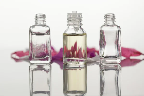 Glass flasks and pink petals focus on the flasks — Stock Photo, Image