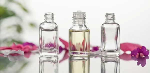 Glass flasks with leaves and pink petals focus on the flasks — Stock Photo, Image