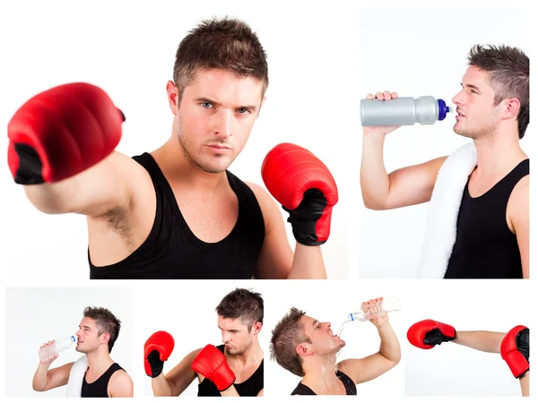 Colagem de boxeador masculino durante o boxe ou tendo um descanso — Fotografia de Stock