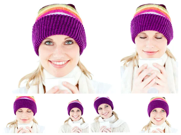Коллаж молодой женщины в зимней шляпе, пьющей что-то горячее — стоковое фото
