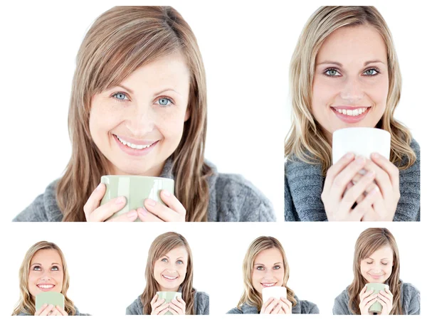 Collage av unga kvinnor dricker en varm dryck — Stockfoto