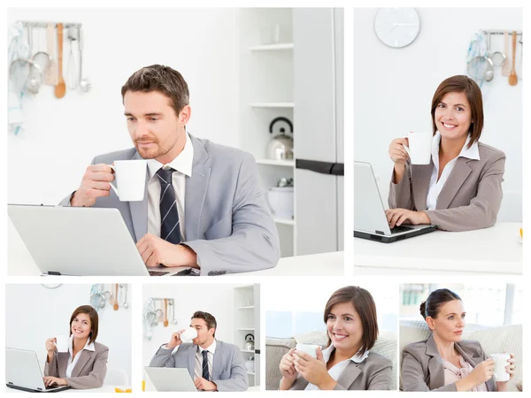 Collage de trabajadores de negocios que trabajan en su computadora portátil y tienen un —  Fotos de Stock