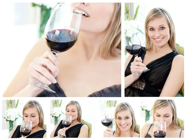 Κολάζ από μια όμορφη γυναίκα, κρατώντας ένα ποτήρι κόκκινο κρασί στο το — Φωτογραφία Αρχείου