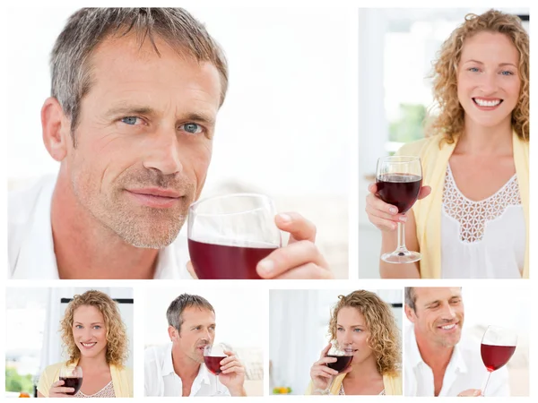 Κολάζ από έναν άνδρα και μια γυναίκα που κρατά ένα ποτήρι κόκκινο κρασί στο το — Φωτογραφία Αρχείου