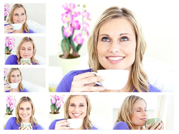 Collage av en ung blond kvinna dricka en kopp kaffe — Stockfoto