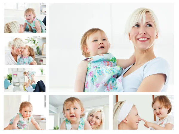 Collage av en blond kvinna med en baby i vardagsrummet — Stockfoto
