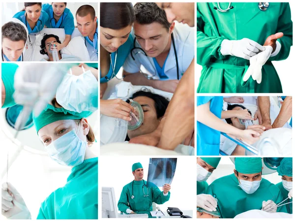 Коллаж хирургов во время операции — стоковое фото