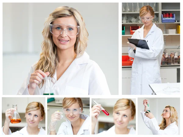 Koláž ženské vědec, provádějící experimenty — Stock fotografie