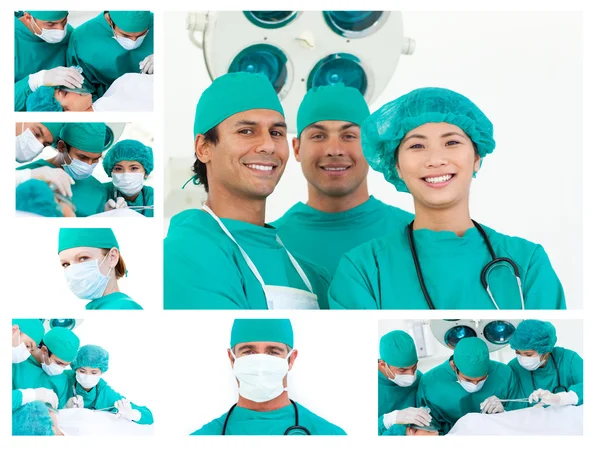 Colagem de cirurgiões durante uma cirurgia — Fotografia de Stock