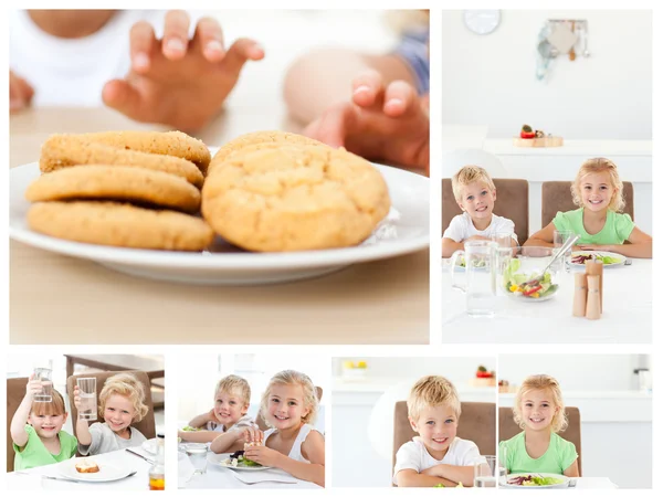Koláž dětí s občerstvením — Stock fotografie