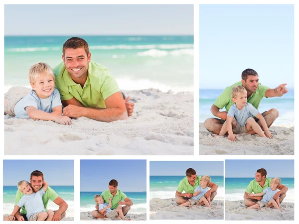 Коллодж отца и его сына на пляже — стоковое фото