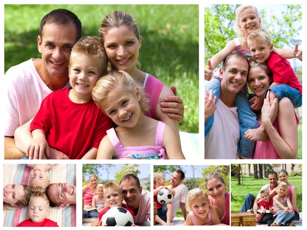 Коллаж семьи, наслаждающейся моментами вместе в парке Лицензионные Стоковые Изображения