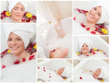 Collage of a woman having a bath clipart