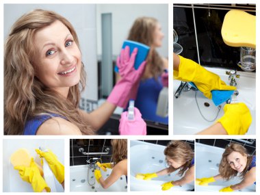 Collage of a woman washing her bathroom clipart