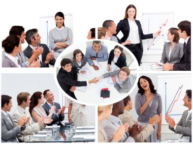 Collage of businesspeople in different situations clipart