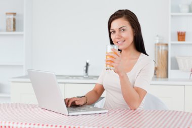 Young woman using her laptop and drinking orange juice clipart