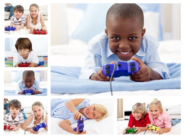Colage of children playing video games — стоковое фото