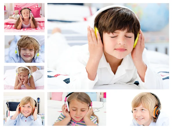 Kollázs a gyermekek zene hallgatása — Stock Fotó