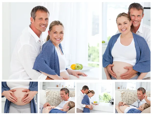 Collage av en gravida par inomhus — Stockfoto