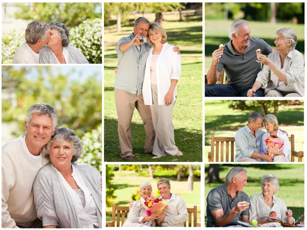 Collage av ett äldre par i en park — Stockfoto