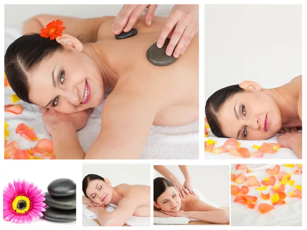 Colagem de uma mulher ter uma massagem de pedra em um spa — Fotografia de Stock