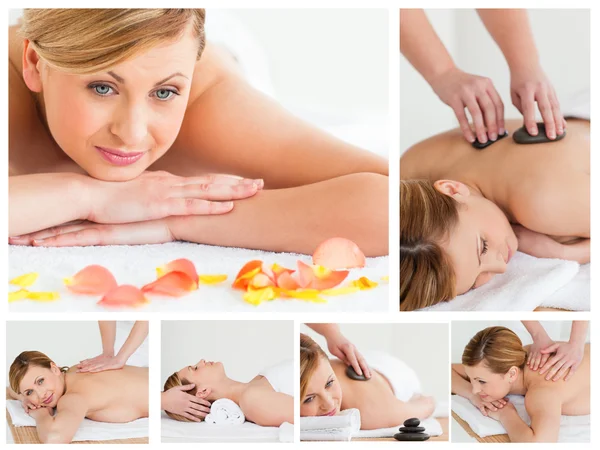 Collage of young woman having a stone massage — Stock Photo, Image
