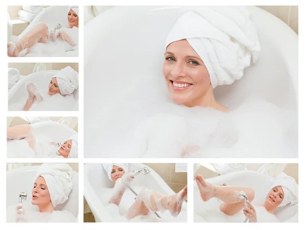 Collage van een leuke vrouw nemen van een bad — Stockfoto