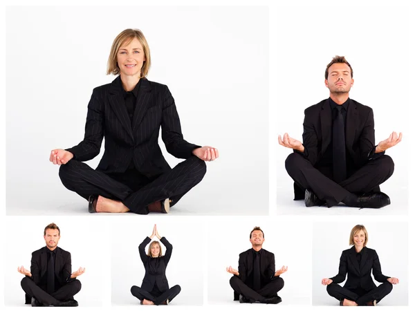 Collage de negocios practicando yoga — Foto de Stock