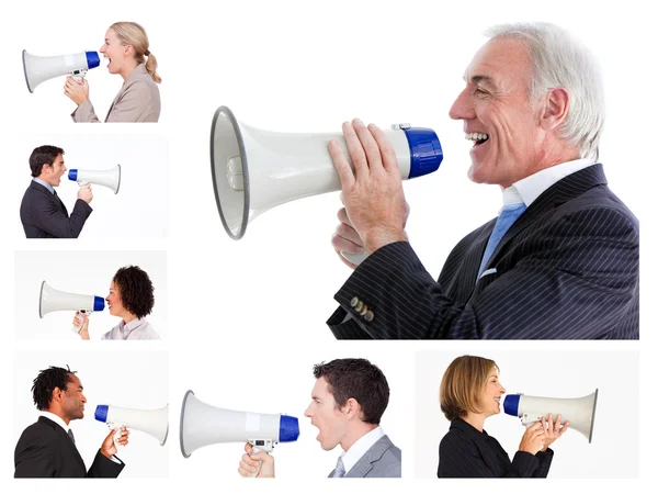 Collage of business screaming in a megaphone — Stock Photo, Image