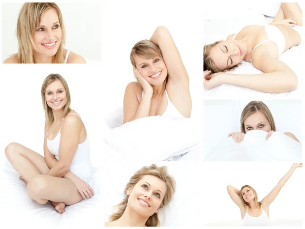 Колаж молодої жінки в її ліжку — стокове фото