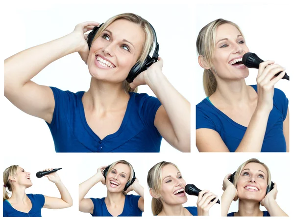 Коллаж молодой женщины, слушающей музыку и поющей — стоковое фото