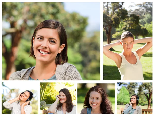 Collage of young women in a park — Stock Photo, Image