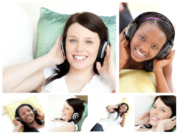 Collage av unga kvinnor lyssnar på musik — Stockfoto