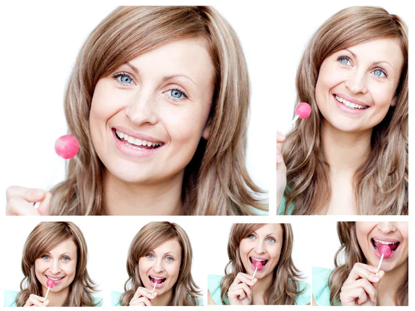 Collage av en ung kvinna äta en slickepinne — Stockfoto