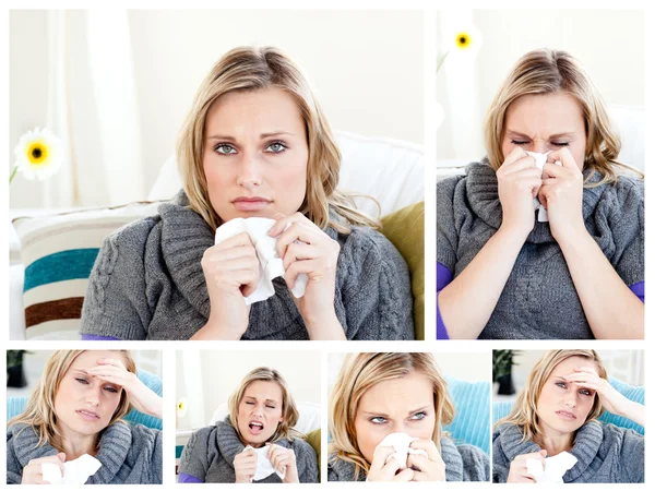 風邪を持つ女性のコラージュ — ストック写真