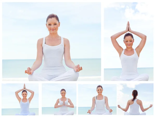 Pratik yoga bir genç kadının kolaj — Stok fotoğraf