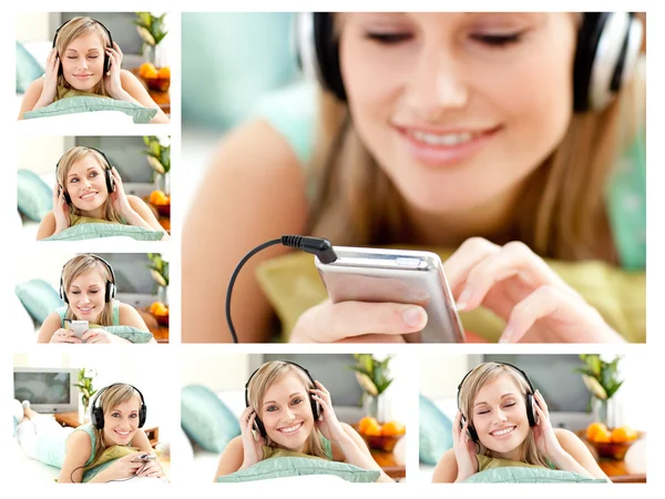 Collage van een leuke vrouw luisteren naar muziek — Stockfoto