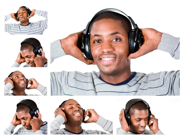 Collage av en ung man kompisar musik — Stockfoto