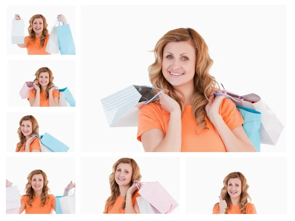 Collage di una donna con borse della spesa — Foto Stock