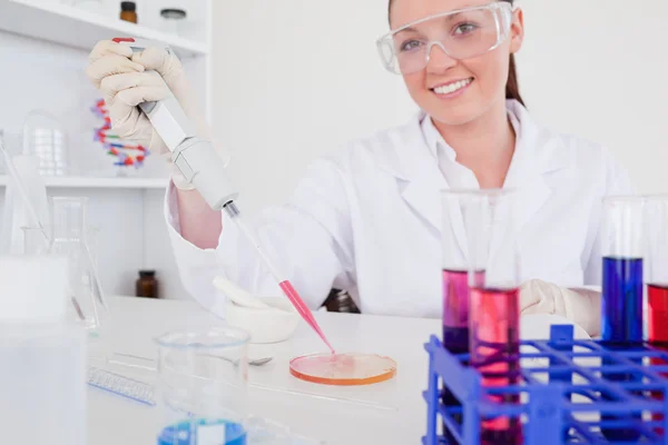 Gorgeous red-haired scientist using a pipette — Stock Photo, Image