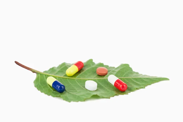 Pills on a leaf — Stock Photo, Image