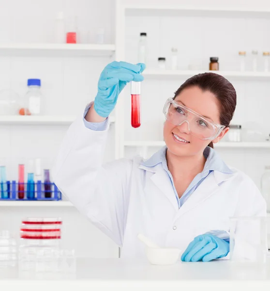 Cute scientist looking at a test tube — Stock Photo, Image