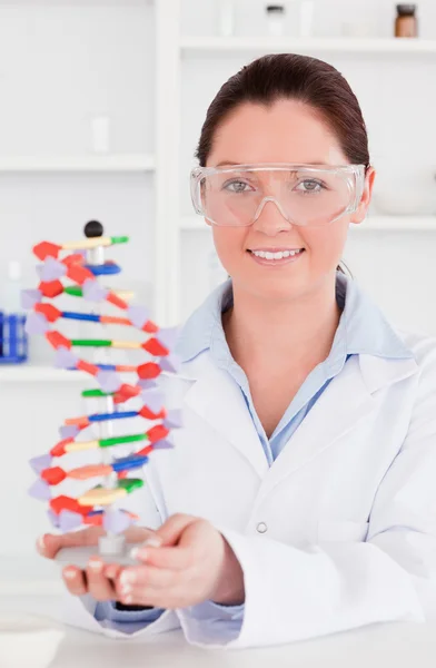 Ritratto di un simpatico scienziato che mostra il modello a doppia elica del DNA — Foto Stock